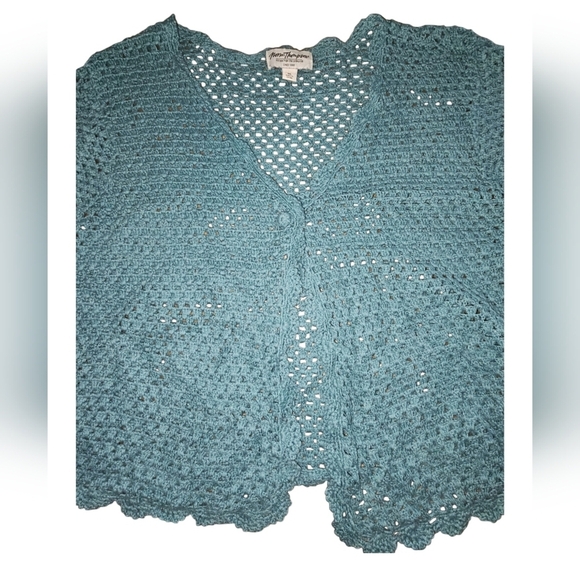 Crochet Linen Cardigan XL VTG Scalloped Norm Thompson Romantic Fairy Cottagecore - Picture 3 of 7